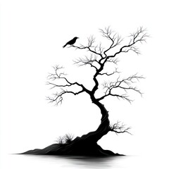Silhouette of a crow perched on a barren tree.