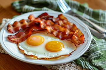Fried chicken eggs and bacon beautifully presented. Perfect for promoting wholesome, healthy eating with essential vitamins and minerals.