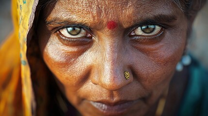 Close-up portrait of an elderly South Asian woman with striking green eyes, displaying deep wrinkles and traditional adornments.