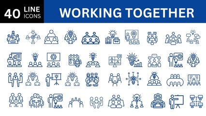 Set of 40 outline icons related to working together. Linear icon collection. Editable stroke. Vector illustration 