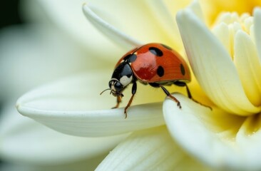 Fototapeta premium A close-up of a ladybug with heart-shaped spots crawling on a white dahlia flower with dew drops, copy space