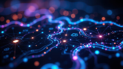 A dynamic visual representation of a complex system or network, possibly related to software development or IT infrastructure with colorful glowing elements like stars and paths