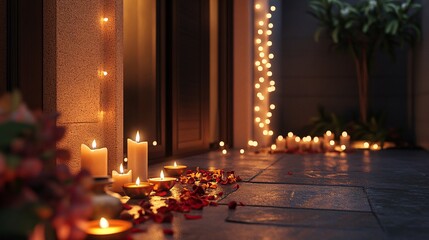 A serene evening scene with glowing candles and floral decorations, creating a tranquil ambiance.