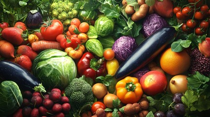 A vibrant arrangement of assorted fresh vegetables and fruits on a textured surface, showcasing rich colors and natural variety.