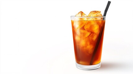 A refreshing glass of iced tea with ice cubes and a straw, perfect for a hot day.
