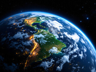 Fototapeta premium Earth, globe, space, night, lights, cities, continent, sunrise, dawn, atmosphere, stars, universe, planet, geography, map, technology, network, connections, urban, population, landmass, oceans, coast