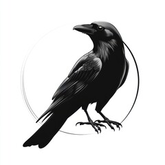 Fototapeta premium A majestic black crow in a circular frame, detailed illustration.
