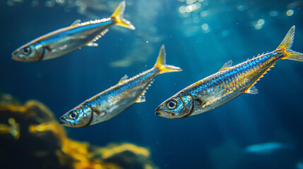 Sardine fish swimming gracefully underwater in deep blue sea