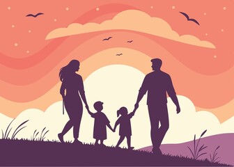 Silhouette of a family walking together on a grassy hill against a vibrant orange and red sunset sky