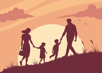 Silhouette of a family walking together on a grassy hill against a vibrant orange and red sunset sky