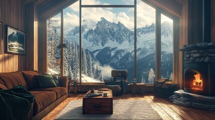 Luxury living room cabin in Alpes mountains with fireplace, big window.