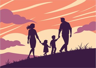 Silhouette of a family walking together on a grassy hill against a vibrant orange and red sunset sky
