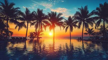 Silhouette of palm trees at a serene sunset by the poolside