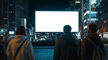 Three diverse individuals gazing at a blank billboard in a cityscape at night.