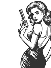 glamorous pin-up woman in an elegant dress,with a revolver, vintage charm with a femme fatale theme sketch engraving generative ai raster illustration. Scratch board imitation. Black and white image.