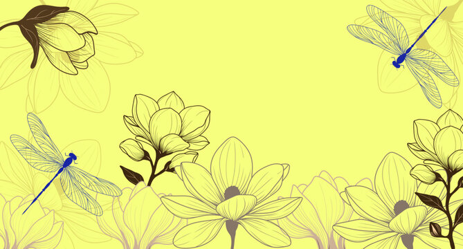 background with flowers. Wallpaper of butterfly and flowers. Hand drawn magnolia flowers with dragonflies on a yellow background. Minimalist floral background illustration for nature designs. 