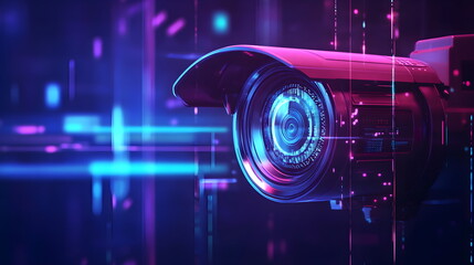 CCTV camera blue background with digital interface. Future technologies. Surveillance system, computerized room security technologies.