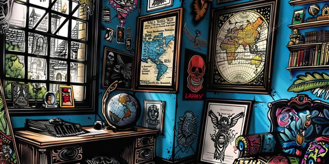 Illustrated Room Interior with Antique Maps and Decorative Elements