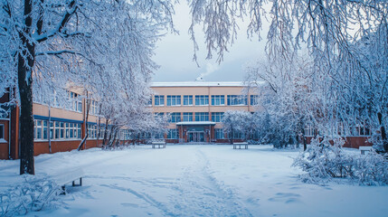 Snow-covered school building with winter trees and peaceful atmosphere