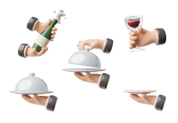 Waiter tray platter holding by hand 3D cartoon icons vector set, restaurant service, hands open a bottle of champagne