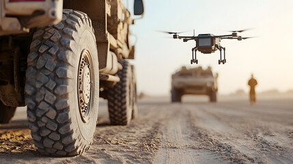 Drone and military equipment against the background of the road. ground and air combat equipment. Military technologies. Arming the army with UAVs