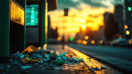 Overflowing trash bin concept, A vibrant sunset casts a warm glow over a city street, highlighting a pile of litter near a trash bin.