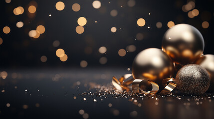 A pile of metallic glass ornaments, with glitter on them in large and small sizes, Christmas tree toys arranged to create a festive atmosphere for Christmas