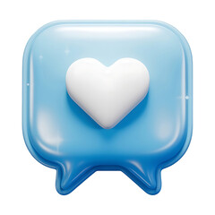 3D Light Blue Speech Bubble Icon with White Heart Symbol and Glossy Finish Isolated on Transparent Background