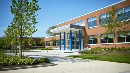 Modern School Building Exterior with Lush Greenery