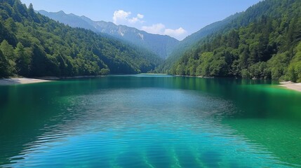 Stunning view of the mountains surrounded by lush green trees reflecting in a lake