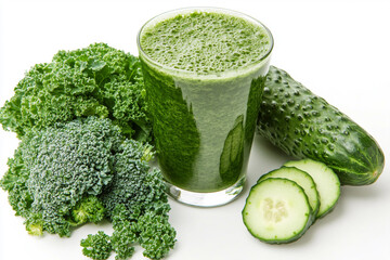 Green smoothie with broccoli, kale, and cucumber on a white background