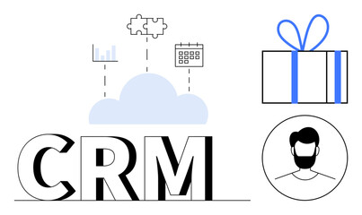 Fototapeta premium Cloud with puzzle, bar graph, and calendar icons above CRM letters gift box and male avatar. Ideal for CRM systems, customer engagement, data analysis, project management, cloud technology, reward