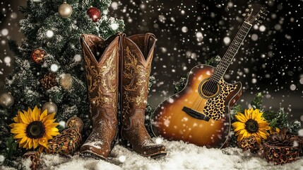 Christmas country music themed background with a pair of cowgirl boots, leopard guitar and sunflowers near the Christmas tree