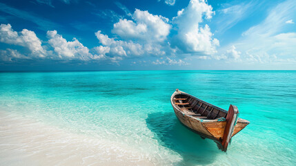Fototapeta premium Wooden boat on tranquil turquoise sea under a blue sky