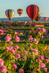 Fototapeta premium Colourful hot air balloons floating in the blue sky during a summer festival, capturing the essence of adventure and travel.