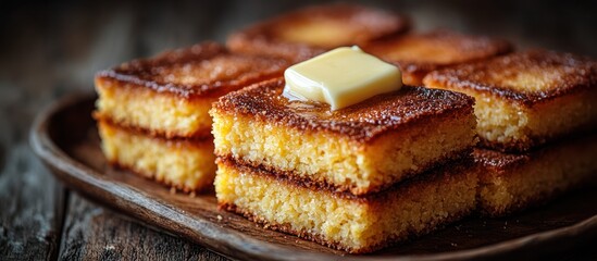 Stacked golden cornbread squares with melting butter on a rustic wooden plate.