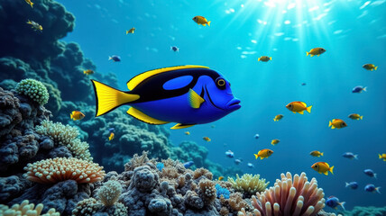 Fototapeta premium The underwater scene with a vibrant blue and yellow fish