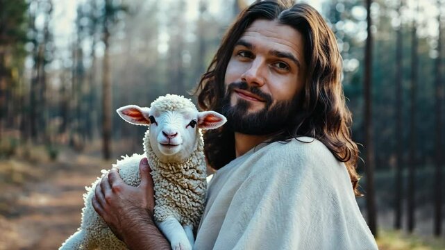 Jesus Christ smiling holding a lamb at nature forest 