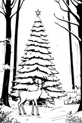 deer in the forest near the Christmas tree
