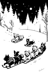 Dogs sledding in a large group
