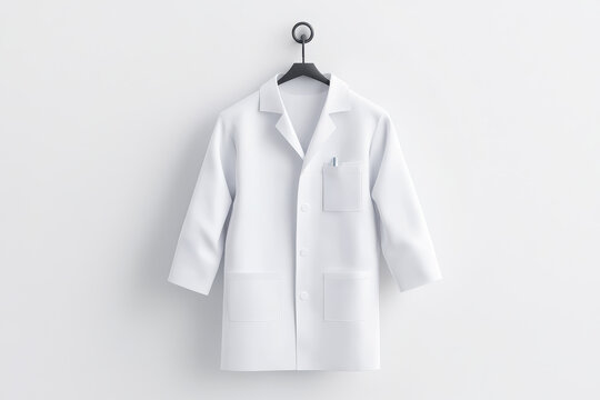 Clean white lab coat hanging on a hook against a white wall for scientific use.