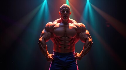 Bodybuilder with Colorful Light and Laser Beams