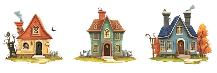 Naklejka premium Whimsical houses with unique designs, three colorful cottages with distinct features, smoke from chimneys, autumn trees, spooky elements, isolated on transparent background, png