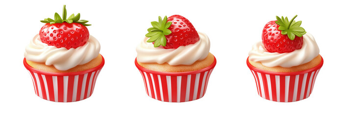Strawberry cupcakes with whipped cream, three colorful striped cups, topped with fresh strawberries, vibrant and appetizing appearance, isolated on transparent background, png