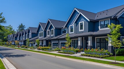 Obraz premium Blue townhouses lined up on street under clear sky.
