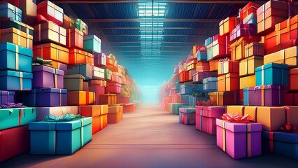 Gifts in boxes in a warehouse. Many colorful gift boxes in a large warehouse on both sides.