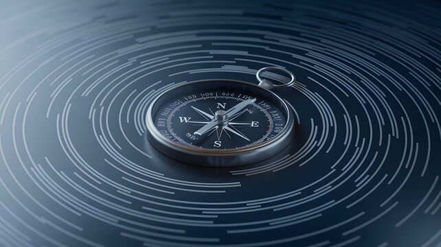 Metallic compass needle pointing north with abstract swirling magnetic field lines, symbolizing direction, guidance, and scientific exploration in a dark minimalist setting.
