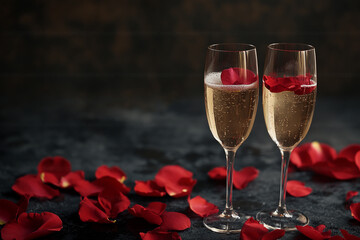Celebrating love with champagne and rose petals on Valentine's Day evening