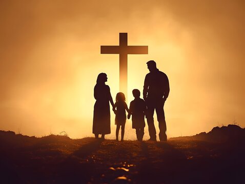 Family silhouette with a cross representing religious devotion and spirituality AI generated