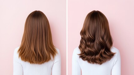 Before and after comparison of hair texture transformation from frizzy to smooth, showcasing the effects of a keratin treatment on a neutral backdrop.